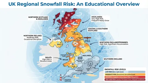 Northern England from Newcastle through to Manchester and Liverpool faces moderate to high risk. Yorkshire, Lancashire, and Cumbria typically perform well with winter weather preparations, but this event could still cause major disruption to Christmas travel plans. The Pennines will act as a snow enhancer, with eastern slopes potentially seeing heavier accumulations than western sides.