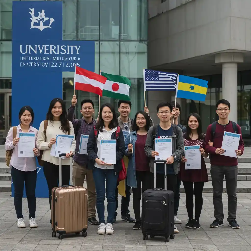 International students celebrating scholarships outside a university