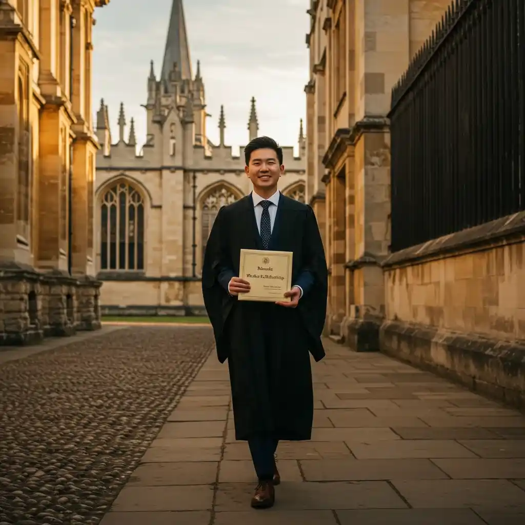 International students celebrating scholarships outside a university