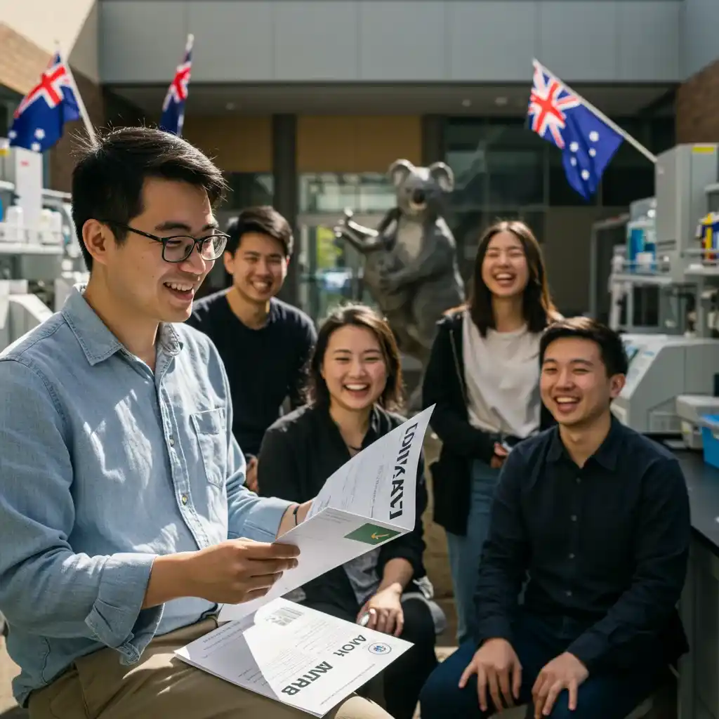 International students celebrating scholarships outside a university