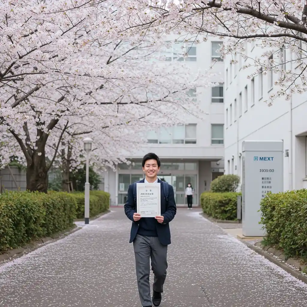 International students celebrating scholarships outside a university
