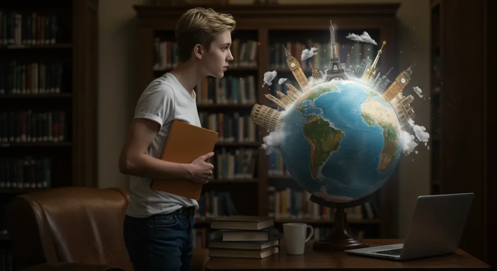 study-abroad-usa-Education Student looking at a globe surrounded by famous landmarks, symbolizing study abroad dreams.